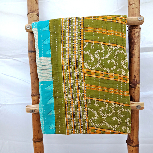 Multi Color Saree Silk Vintage Kantha Reusable Patchwork Quilt