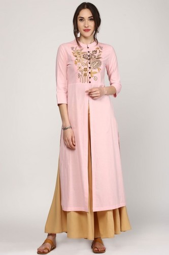 Pink Embroidery Front & Side Slit Kurta - 100% Cotton, Ankle Length, 3/4th Sleeve | Fit and Flare, Mandarin Collar, Button Closure