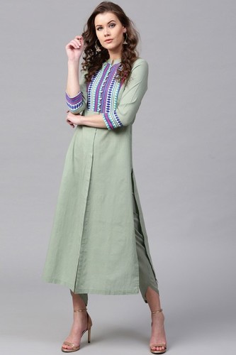 Olive Jacquard Yoke Straight Kurta - 100% Cotton, Sizes S-XXL, Green Color, 3/4th Sleeves, Mandarin Collar, Front Slit, Calf Length, A Line Hemline