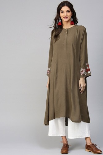 Embroidered Sleeve Crinkled Brown Kurta - 100% Cotton, A-Line Fit, Calf Length, Round Neck, Full Sleeves | Flared Hemline, Button Closure, Casual Wear, Dry Clean Only