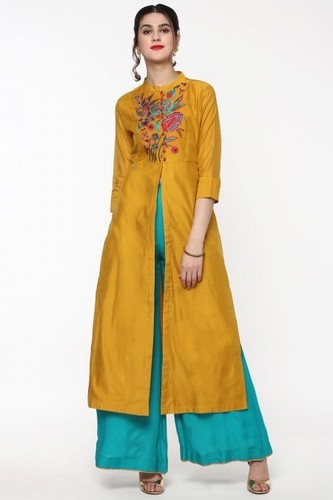 Mustard Embroidered Front & Side Slit Kurta Bust Size: Standard Bust Size: Xs-31