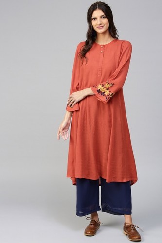 Embroidered A-Line Kurta - 100% Cotton Crinkled Crepe, Calf Length, Flared Hemline, Round Neck, Full Sleeves, Rust Color | Ideal for Casual & Daily Wear, Button Closure, Unlined Design