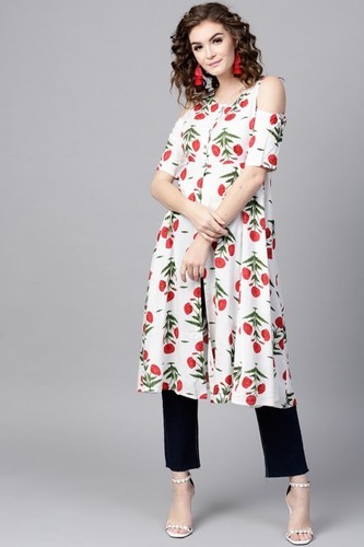 Off White Floral Cold Shoulder Front Open Kurta - 100% Rayon, Ankle Length, XS-XXL Sizes, Button Closure, Unlined, Short Sleeves, Fit & Flare