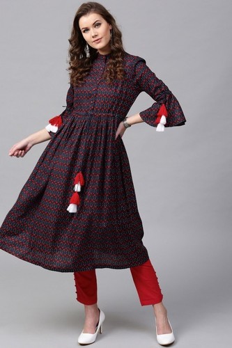 Indigo Floral Drawstring Waist Kurta - 100% Cotton Ankle Length Navy Blue | Unlined 3/4th Flute Sleeves Fit and Flare Design