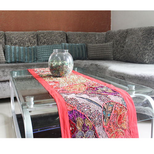 Red+ Multi Color Cotton Hand Embroidered Table Runner