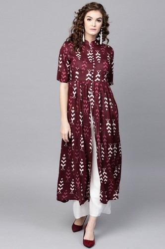Maroon Ikat Front Open Shirt Kurta Bust Size: Standard Bust Size: Xs-31