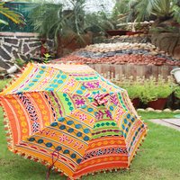 Rajasthani Embroidered Cotton Sun Umbrella - 31 Inch Diameter, Multi-color Design | Foldable, Lightweight Plastic Handle, Perfect For Summer