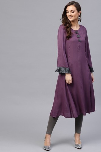 Purple Fringed Sleeves Kurta - Rayon, Calf Length, A-Line Style, Full Sleeves, Round Neck, Hook & Eye Closure, Straight Hemline, Solid Purple Color, Unlined