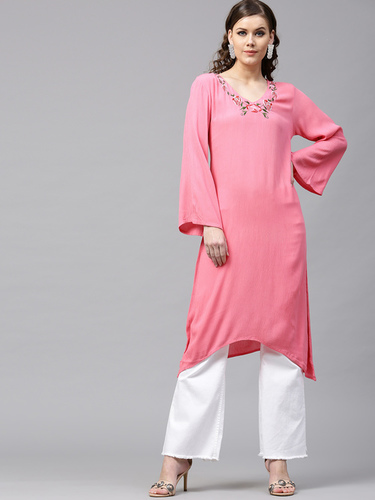Pink Rayon Crepe Kurta - Calf Length, V-Neck, 3/4 Sleeves, Comfort Fit, Asymmetrical Hem, Embroidered Neckline