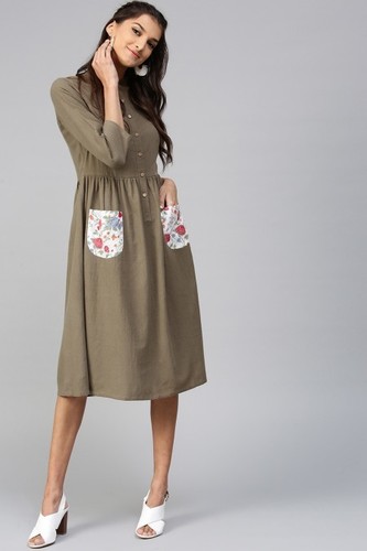 Floral Printed Pocket Brown Ethnic Midi Dress - 100% Cotton Slub, Calf Length, Comfort Fit, 3/4th Sleeves, Button Closure, Flared Hemline
