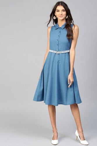 Blue Embroidered Belt Ethnic Midi Dress - Cotton Slub, Fit & Flare, Calf Length, Button Closure, Sleeveless, Flared Hemline, Wash Care: Dry Clean