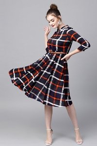 Navy Check Shirt Ethnic Belted Dress - 100% Rayon Fabric, Cotton Lining, Knee Length, Size Xs-xxl | 3/4th Sleeves, Fit And Flare Design, Button Closure, Leather Belt