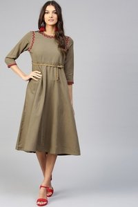 Brown Cotton Slub Ethnic Dress - 100% Cotton, Calf Length, Fit & Flare Design | 3/4th Sleeves, Round Neck, Zipper Closure, Embroidered Front With Pu Braided Belt