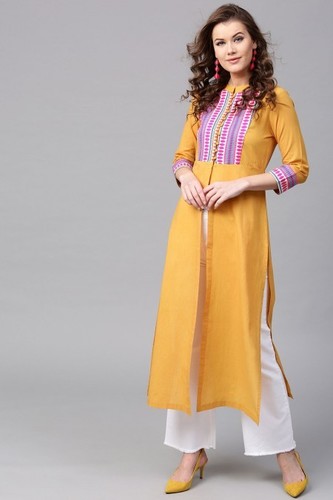 Mustard Jacquard Yoke Straight Kurta - Cotton, Calf Length, 3/4th Sleeves, Button Closure, A Line Hemline, Mandarin Collar, Unlined | Casual Style, Front Slit, Available in Multiple Sizes