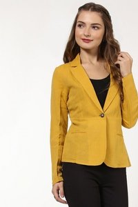 Mustard Linen Blazer - Cotton Linen Material, Slim Fit Design, Unlined, Full Sleeves, Button Closure, Regular Length, Knotched Collar, Dry Clean Only