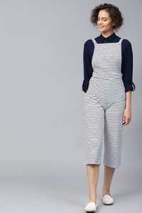 Navy & White Stripes Dungaree - 100% Cotton, Calf Length, Sleeveless, Straight Fit | Zipper Closure, Unlined Design, Casual Wear For Women