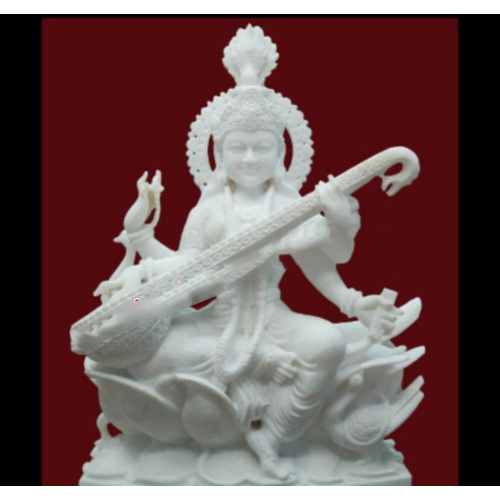 Goddess Saraswati White Marble Statue - Height: 18 Inch (In)