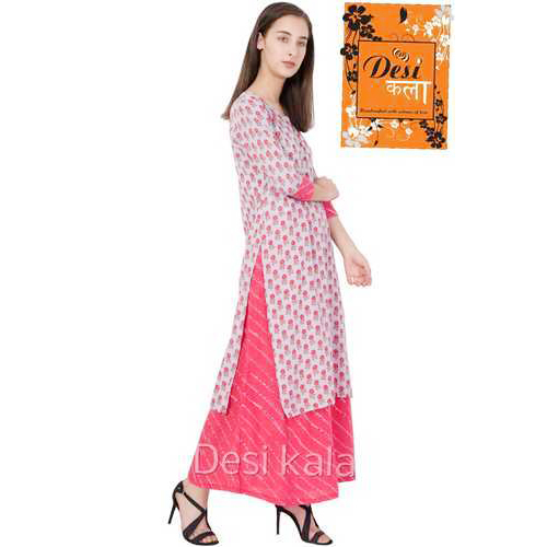 Pink And White Ladies Rayon Printed Kurtis