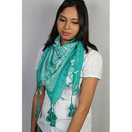 White & Sea Green Printed Square Scarf