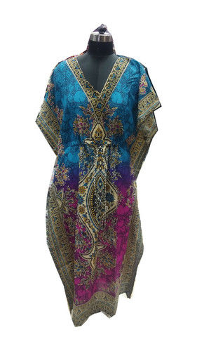 Ladies Kaftan - Polyester Long Kaftan (52 Inch) in Vibrant Black Green and Blue | Anti-Wrinkle Breathable Colorfast Skin-Friendly
