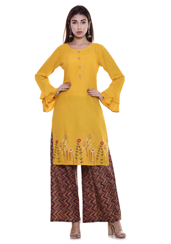 Yellow Cotton Embroidery Kurti With Leheria Plazzo