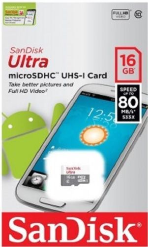 SanDisk Ultra microSDHC MicroSD 16GB 80MB/S C-10 Memory Card
