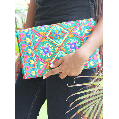 Green + Multi Color Indian Banjara Boho Chic Hippie Cotton Sling Bag Clutch Bag