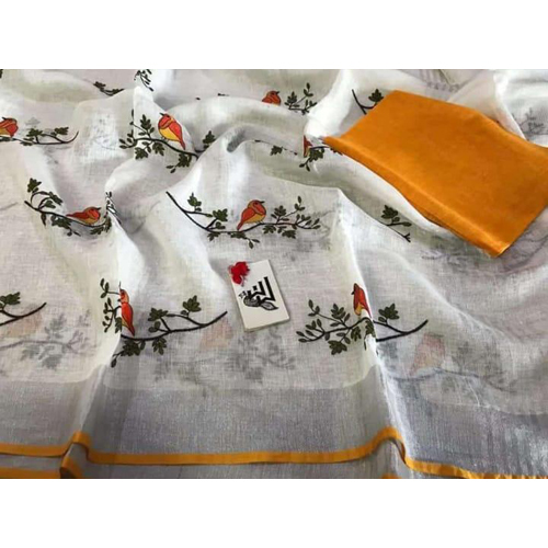 Silk Ladies Linen Bird Embroidery Saree