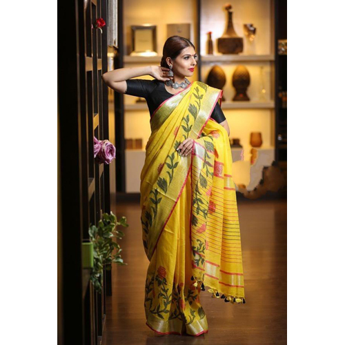 Ladies Jacquard Linen Sarees - Silk Material, Elegant Design with Intricate Patterns and Rich Texture
