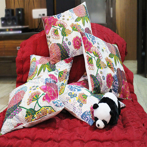 100% Cotton White Color 16 Inch Throw Kantha Work Hand Stitched Floral Print Cushion Cover
