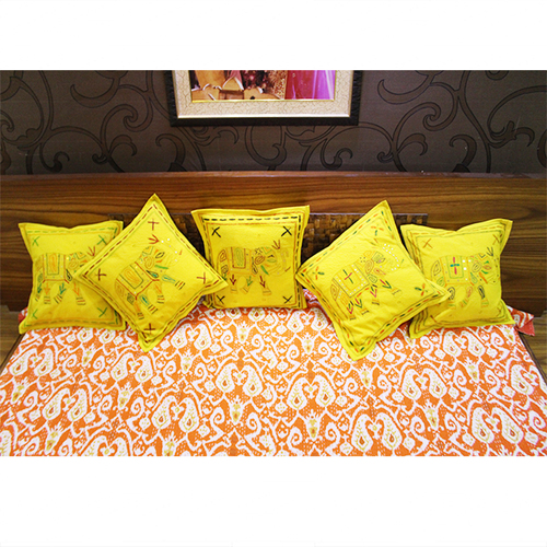 Yellow Indian Handmade Jogi Elephant Embroidery Work Decorative Cushion Covers