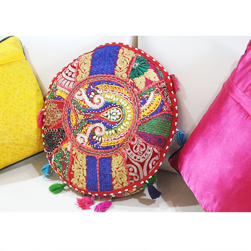 Banjara Patch Work Indian Handmade Royal Rajasthani Cushion Cover - 100% Cotton, 16 Inches, Multi-Color | Beaded Embroidery, Round Shape, Ethnic Style, Zipper Closure