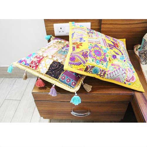 Yellow + Multi Color Indian Handmade Tribal Banjara Gypsy Cotton Fabric Patchwork Cushions Cover