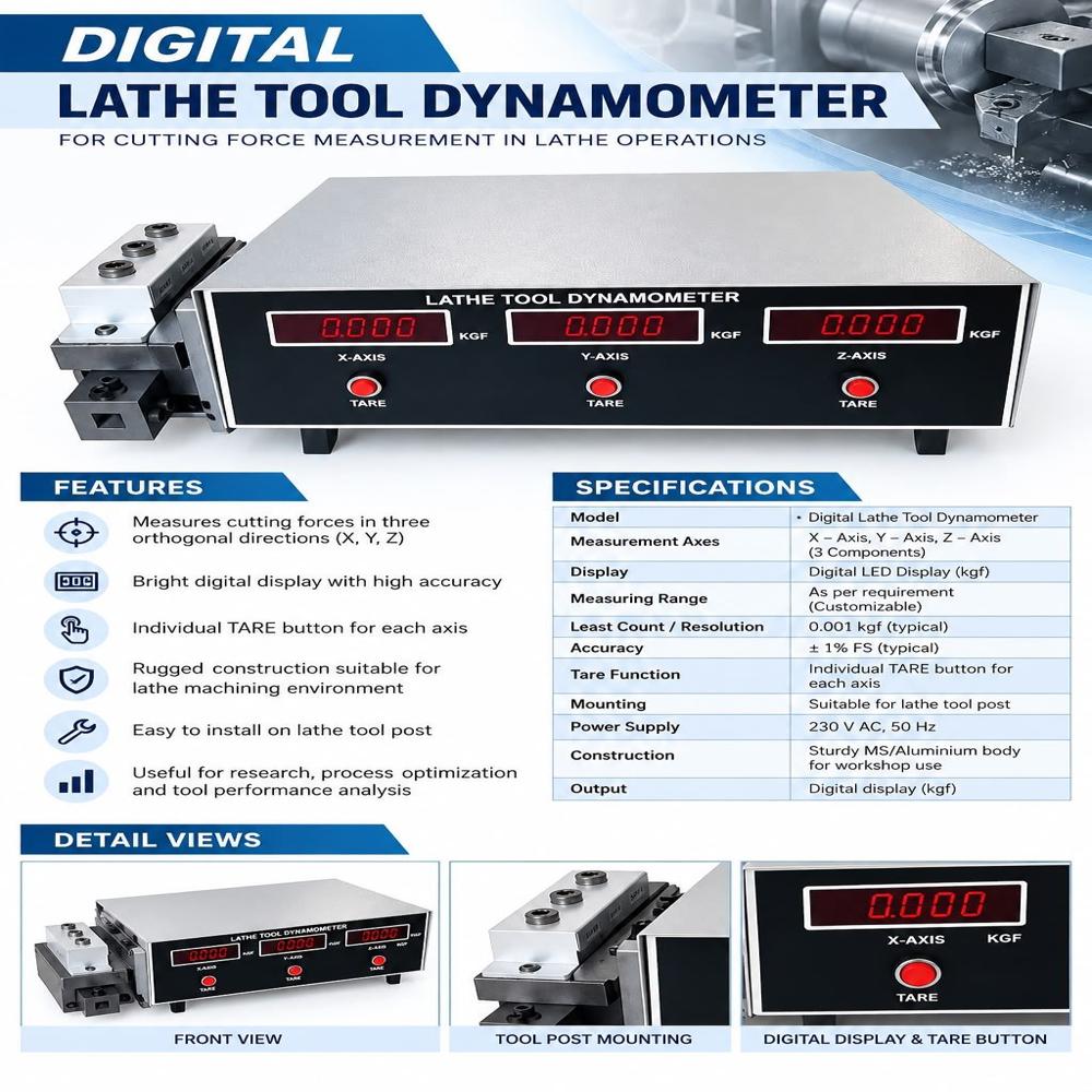 Lathe Tool Dynamometer - Mild Steel, Standard Size, White Color | Digital Display, Accurate Indication, Multi-component Force Indicator