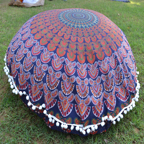 Blue + Multi 100% Cotton Ottoman Ethnic Handmade Mandala Feather Round Floor Cushion Cover