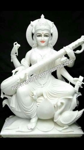 Saraswati Sitting Marble Statue Playing Sitar On Lotus By RUPA MURTI ARTS