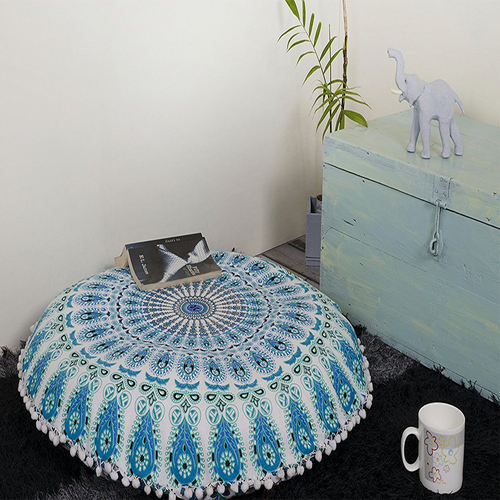 Round Floor Cushion Cover - 100% Cotton 32 Inches Diameter Blue + Green - Handmade Ethnic Style Multi-Color Printed Pattern Zipper Closure Ideal for Decorative Use