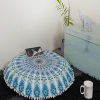 Round Floor Cushion Cover - 100% Cotton, 32 Inches Diameter, Blue + Green - Handmade Ethnic Style, Multi-color Printed Pattern, Zipper Closure, Ideal For Decorative Use