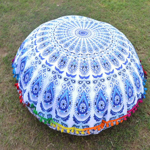 Multi-Color Indian Pom Pom Mandala Pouf Round Throw Rajasthani Cushion Cover