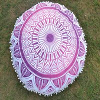 Cotton Round Cushion Cover - 32 Inches, Pink + White Deepak Mandala Design | Handmade Ethnic Style, Printed Pattern, Multi-use For Home, Hotel, Garden Furniture