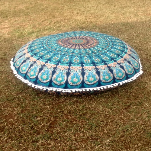 Blue Mandala Round Pillow Case Round Seating Tapestry Cushion Cover