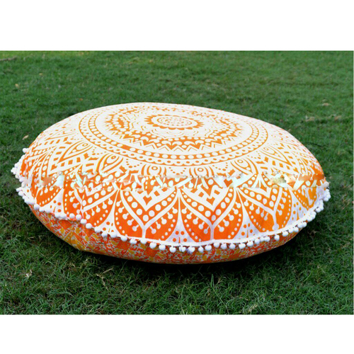 Orange+ Yellow Indiana Cotton Fabric Home Textile Item Ombre Mandala Round Cushion Cover