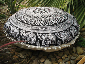 Black And White 100% Cotton Indian Elephant Mandala Cushion Cover