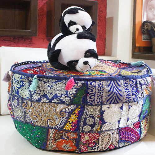 Banjara Round Pouf - 100% Cotton, 22x8 Inches | Multi-Color Embroidered Decorative Ottoman, Handmade Ethnic Style, Zippered Cover