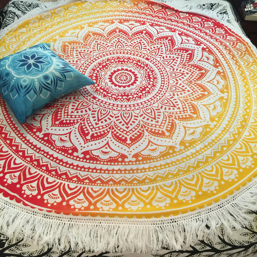 Yellow + Orange + Red Round Beach Cotton Ombre Mandala Yoga Mat Towel Tapestry Roundie