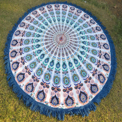 Multi Color Indian Cotton Peacock Print Mandala Beach Towel Yoga Mat Roundie