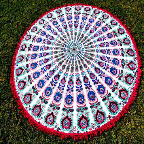 Multi Color Multicolor Bright Indian Peacock Mandala Hand Printed Roundie Tapestry