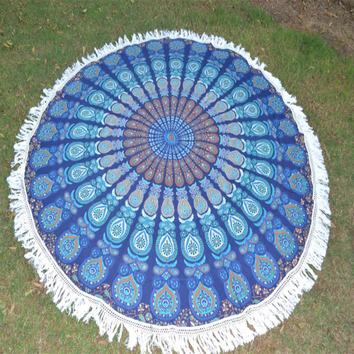 Blue (Shades) Mandala Yoga Mat Plus Beach Towel Cotton Fabric With Tassels Round Tapestry