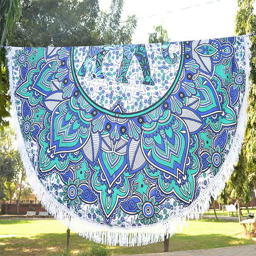Green & Blue Big Elephant Print Mandala Indian Cotton Beach Towel Hippie Roundie