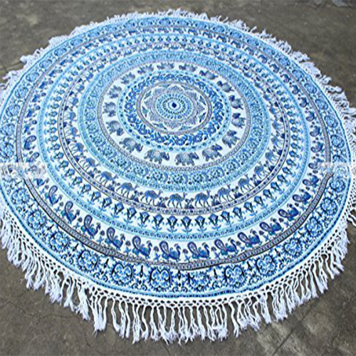 Blue Bohemian Hippie Yoga Mat Indian 100% Cotton Mandala Print Roundie